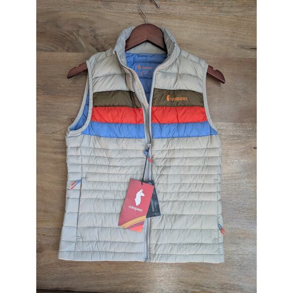 Cotopaxi Fuego Down Vest Womens 2XS Beige Pebble Stripes Lightweight Zip-Up NWT - Picture 1 of 6